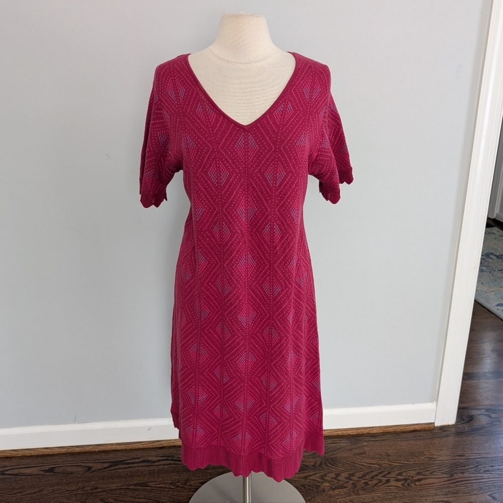 GUDRUN SJODEN Purple Geometric Bamboo Short Sleeve Sweater Midi Dress Large